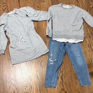 Gray Hoodie Dress & Gray Sweatshirt with Distressed Blue Jeans